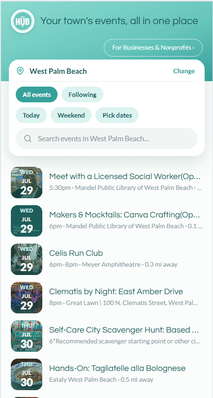 The HamletHub West Palm Beach events feed on a phone