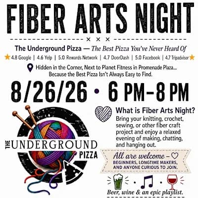 FIBER ARTS NIGHT AT THE UNDERGROUND PIZZA!