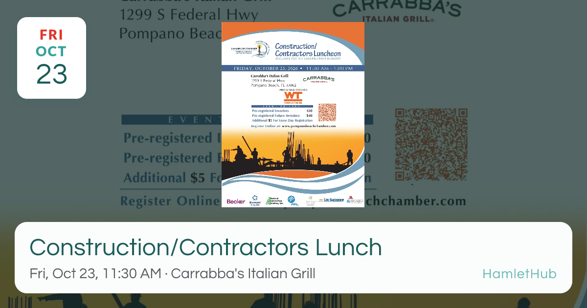 Construction/Contractors Lunch · Oct 23 · Pompano Beach, FL · HamletHub